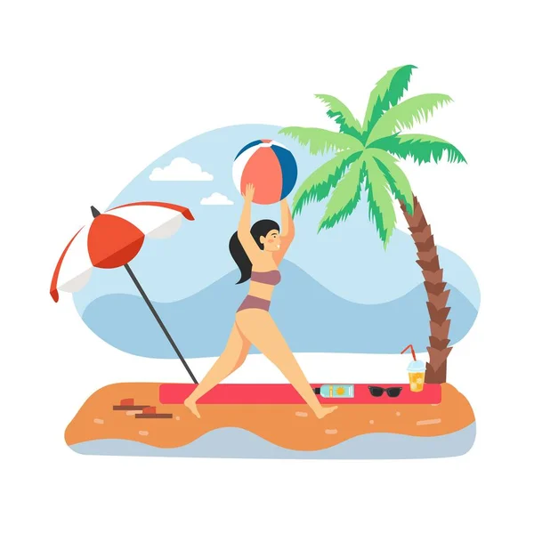 Chica joven jugando con pelota en la playa, ilustración de vector plano. Viajes de verano, vacaciones tropicales. — Vector de stock