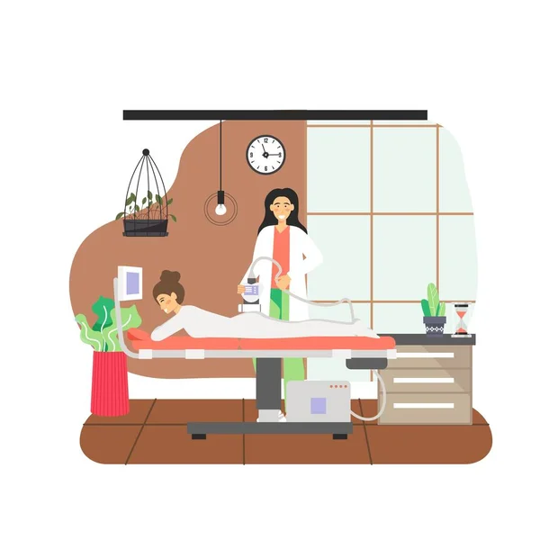 8. března, Den žen. Happy woman enjoying her day off getting anti cellulitis lpg massage, flat vector illustration. — Stockový vektor