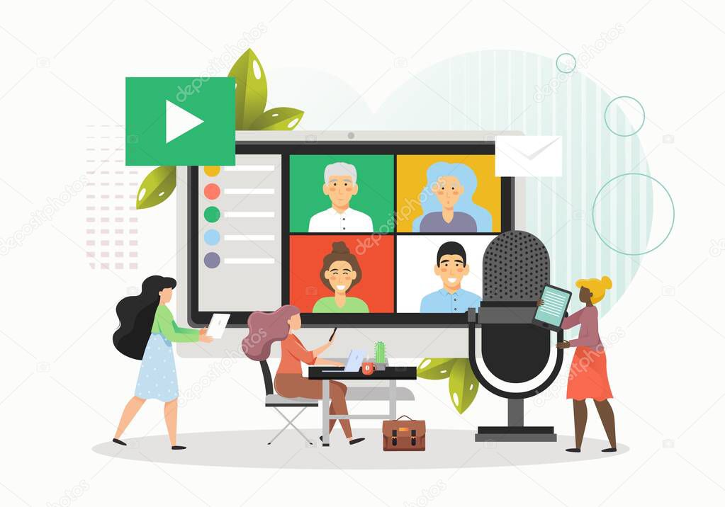 Business people holding video conference online meeting, flat vector illustration. Webinar, videoconferencing technology