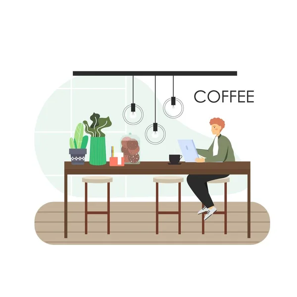 Na volné noze, vzdálená práce z kavárny, plochá vektorová ilustrace. Mladý muž pracující na notebooku sedí u stolu v kavárně. — Stockový vektor