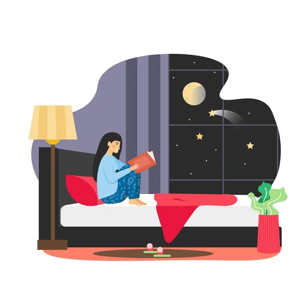 A vida diária. Jovem mulher lendo livro em sua cama à noite antes de ir dormir, ilustração vetorial plana. — Vetor de Stock