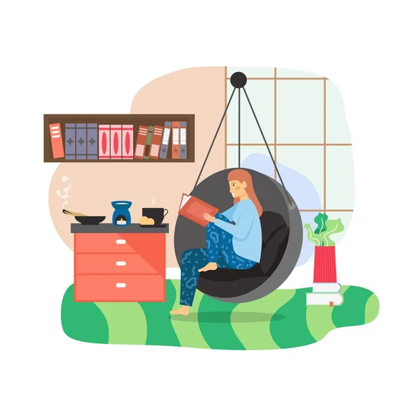 Happy woman spending free time at home. Girl enjoying reading book sitting in hanging chair, flat vector illustration. — Stock Vector