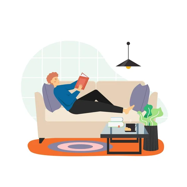 Young man reading book lying on sofa, flat vector illustration. Hobbies and leisure activity, education. — Stock Vector