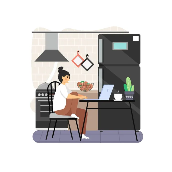 Wolny strzelec, zdalna praca w domu kuchnia biuro płaski wektor ilustracji. Młoda kobieta pracująca na laptopie siedzi przy stole — Wektor stockowy
