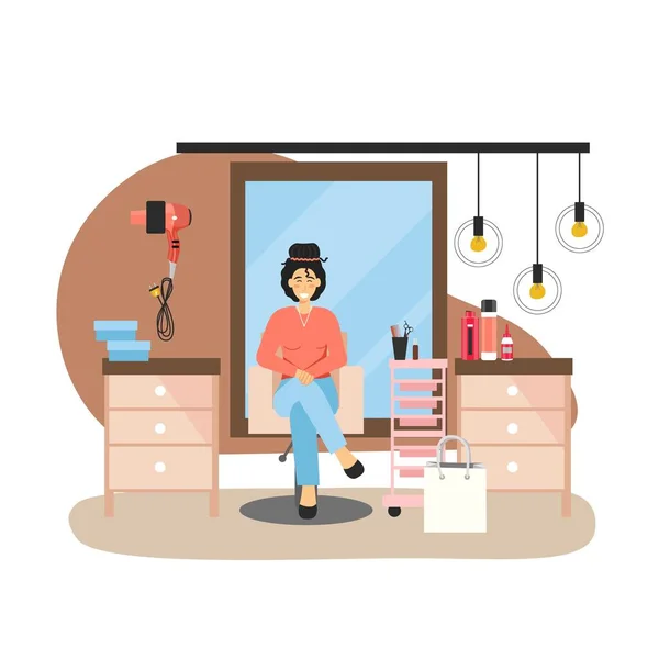 8 de marzo, Día de la Mujer. Mujer feliz descansando pasando su día libre en la belleza y peluquería, ilustración de vectores planos. — Vector de stock