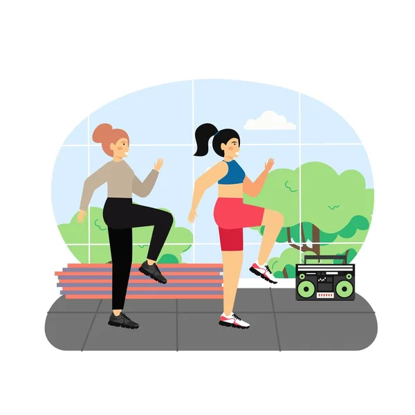 Attività sportive e fitness. Due giovani donne che fanno esercizi di fitness, illustrazione vettoriale piatta. — Vettoriale Stock