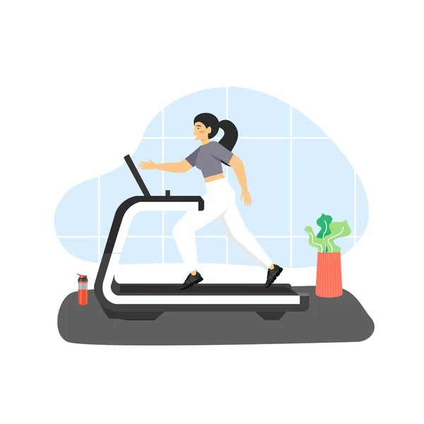 Gimnasio. Mujer joven corriendo en la cinta de correr, ilustración vectorial plana. Deporte y estilo de vida saludable. — Vector de stock