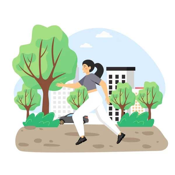 Дневная жизнь. Молодая женщина бегает по парку, плоские векторные иллюстрации. — стоковый вектор