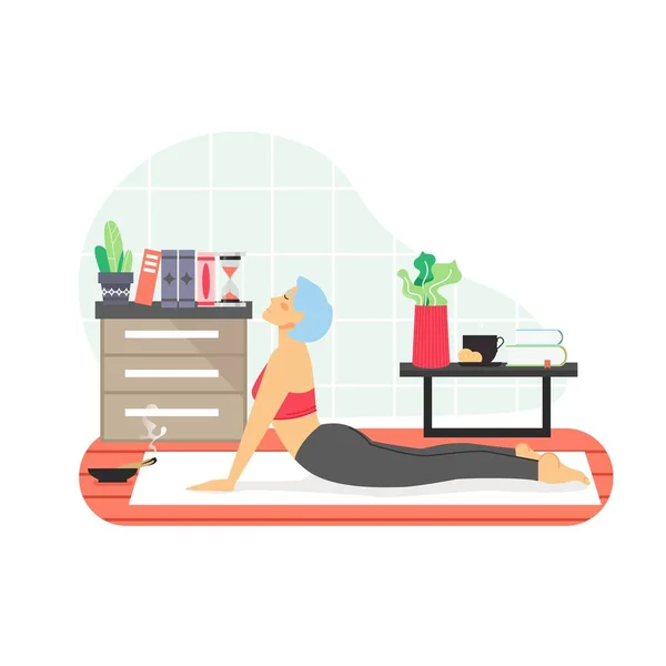 Mujer feliz pasando tiempo en casa. Linda chica haciendo gimnasia, practicando yoga por la mañana, ilustración vectorial plana. — Vector de stock