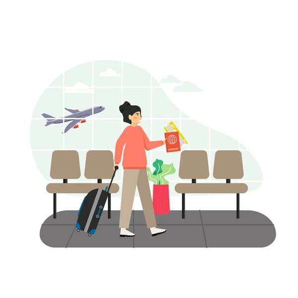Sala de espera del aeropuerto. Chica pasajera con equipaje, pasaporte y billete de espera para el vuelo, ilustración vectorial plana. — Vector de stock