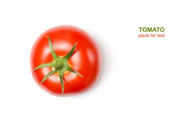 Olgun, parlak, kırmızı domates yazıt için bir yer ile beyaz bir arka plan üzerinde.