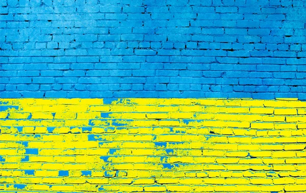 Ziegelwand Den Farben Der Ukrainischen Flagge Bemalt Nahaufnahme — Stockfoto