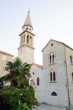 Palmiye ağaçları bir kule ve çan kulesi eski şehir ile arka plan üzerinde eski Kilisesi.