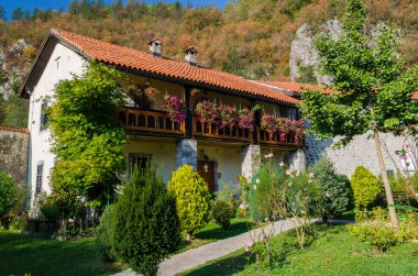 Yeşil çiçekler ve ağaçlar eski manastırın avlusunda ile çevre düzenlemesi. Güzellik ve çevre düzenlemesi.