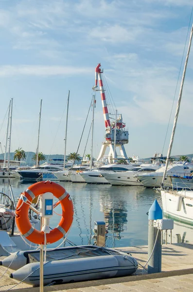 Orange Lifebuoy Port Background Yachts Boats Bright Sunny Day — Stock Photo, Image