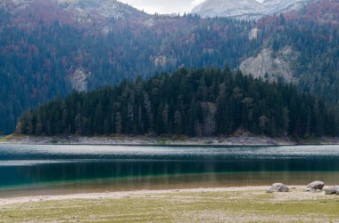 Göl ve bakire çam ormanı yüksek dağlar arka plan üzerinde