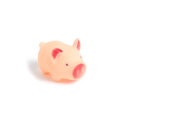 Borracha pequena, porco rosa, brinquedo no fundo branco . — Fotografia de Stock