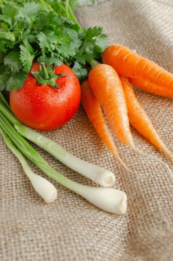 Havuç, maydanoz, pırasa ve domates burlap üzerinde kurutulur. Yaz ve sağlıklı sebzeler.