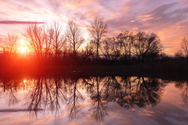 Sonbaharda parlak bir günbatımının arka planında ağaçların yansımalarının olduğu göl..