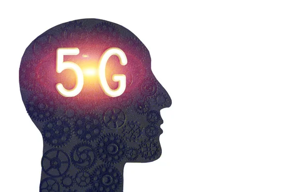 Logo of 5G networks in the silhouette of a human head on the background of gears. Concept of progress