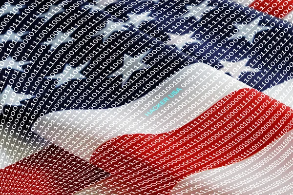 Código Binário Com Hacker Inscrição Eua Fundo Bandeira Americana — Fotografia de Stock