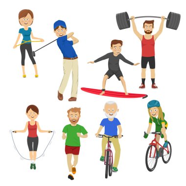 İnsanlar iskambil spor, golf, sörf tahtası, ip atlama, runner, halter, beyaz bisiklet