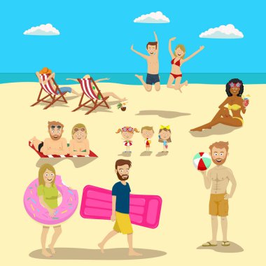 İnsanlar ve tatil plaj büyük seti çift. Yaz seyahat tatil ve plaj aktif spor aktiviteleri