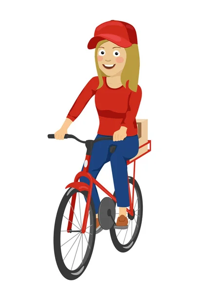 Servicio de entrega adolescente niña montando una bicicleta entrega paquete de cartón — Vector de stock