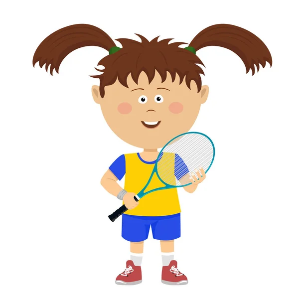 Schattig klein meisje met grote pigtails vormt met badminton raket op wit — Stockvector