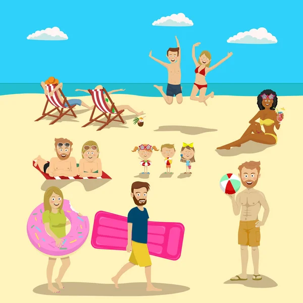 Люди і пари на пляжі відпочинку великий набір. Літній відпочинок на пляжі активні спортивні заходи — стоковий вектор