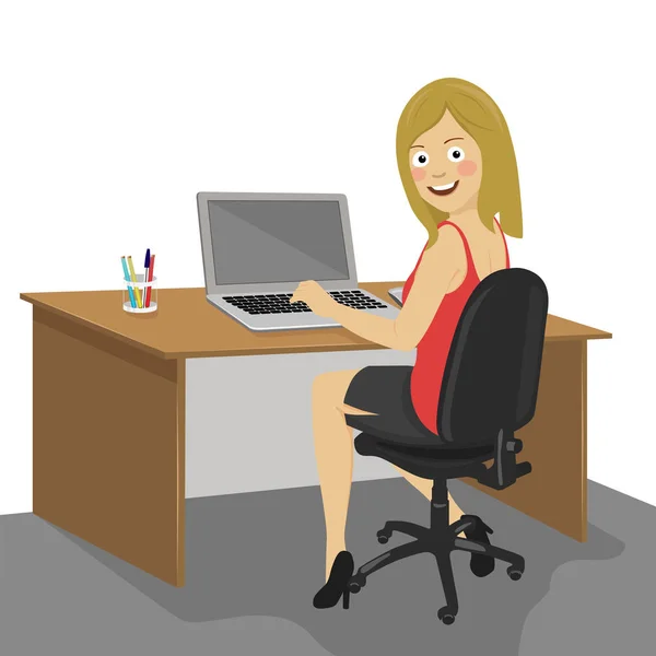 Jonge gelukkig vrouwelijke ofiice werknemer kijken over de schouder werkt op laptop zitten aan de balie — Stockvector