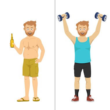 Aynı adam önce ve sonra şişe bira ve dumbell ile ayakta. İnce kavramı için yağ