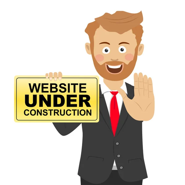 Giovane uomo d'affari felice tiene un cartello di sicurezza con il sito web in costruzione testo e mostrando gesto stop — Vettoriale Stock