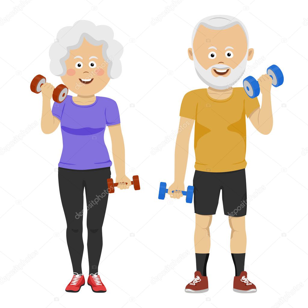 Senior people couple with dumbbells smiling. New training program for pensioners. Life and sports.