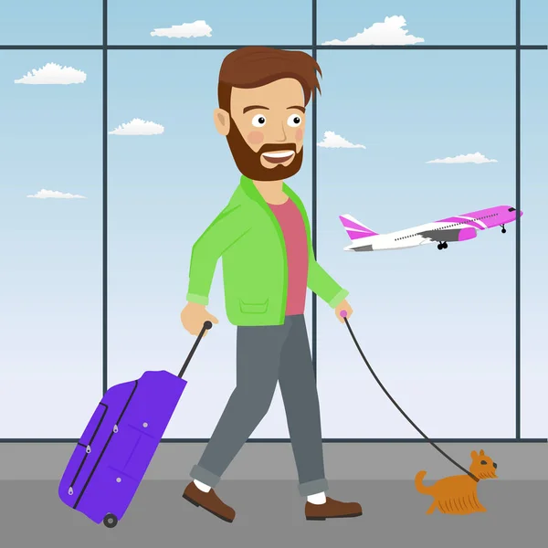 Jovem com bagagem e cão esperando avião na sala de espera do aeroporto — Vetor de Stock