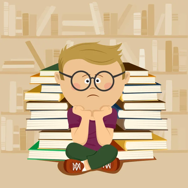 Olycklig nerd pojke sitter framför bunt böcker och bokhylla i skolans bibliotek Vektorgrafik