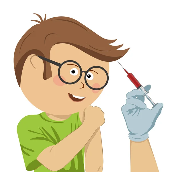 Joyeux petit nerd garçon avec des lunettes étant injecté sur fond blanc — Image vectorielle