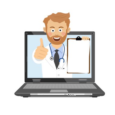 Erkek doktor stetoskop ve online Danışma laptop sahip Pano