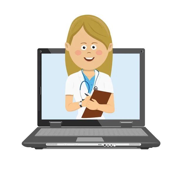 Medico donna con stetoscopio e appunti avendo consultazione online sul computer portatile — Vettoriale Stock