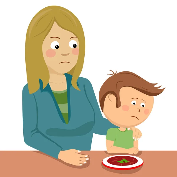 Μητέρα παρηγορεί το μικρό γιο της στο τραπέζι — Διανυσματικό Αρχείο