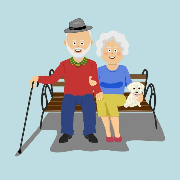 Šťastný starší pár sedí na lavičce s štěně — Stockový vektor