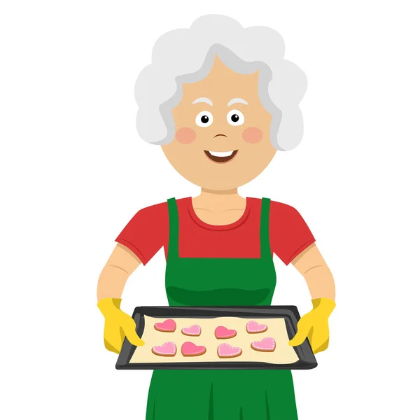Señora madura sosteniendo una bandeja con galletas caseras aisladas sobre fondo blanco — Vector de stock