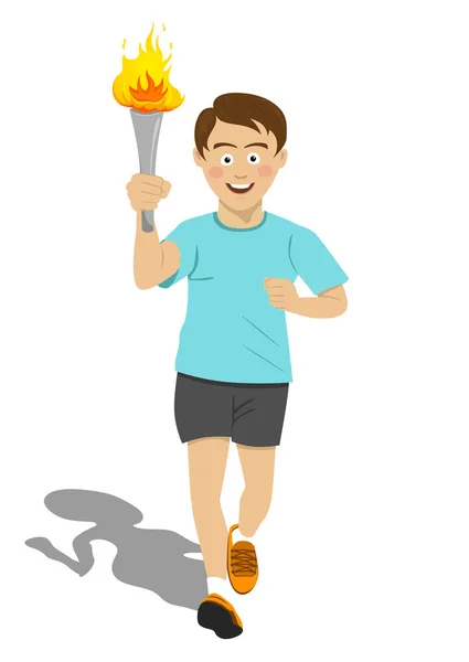 Спортсмен-факелоносец в синем беге со спортивным факелом в движении — стоковый вектор