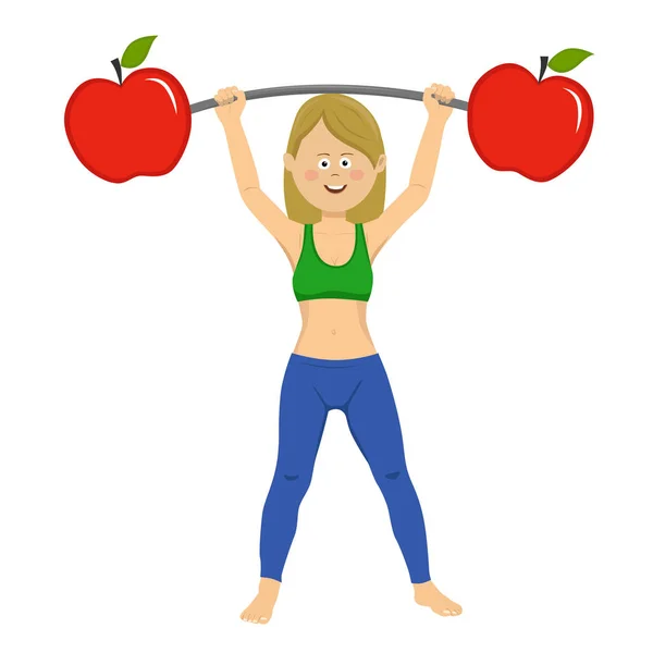 Feliz joven mujer ejercitando barra de mancuerna con manzanas — Vector de stock