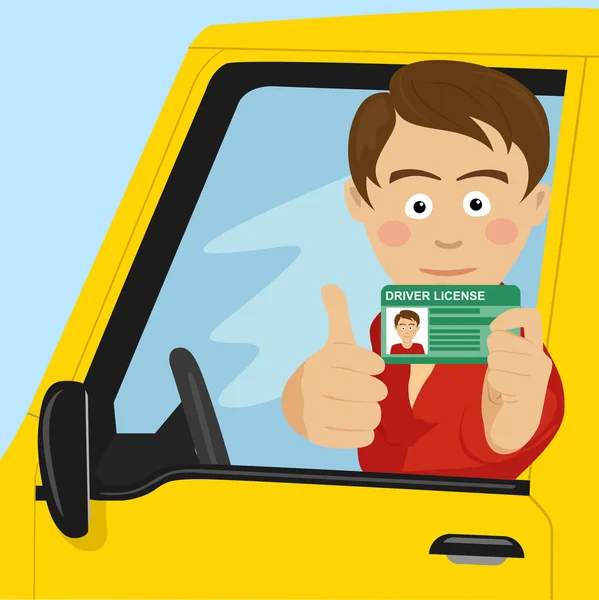 Lycklig pojke visar sitt nya körkort som sitter i sin bil Stockillustration