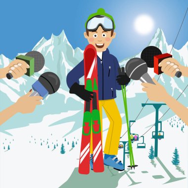 Erkek kayakçı bir basın toplantısında sonra rekabet röportaj