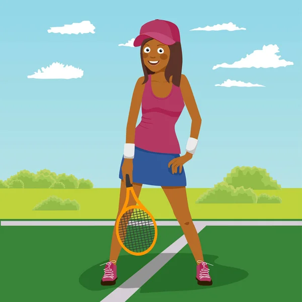 Joven jugadora de tenis afroamericana posando en la cancha de tenis — Archivo Imágenes Vectoriales