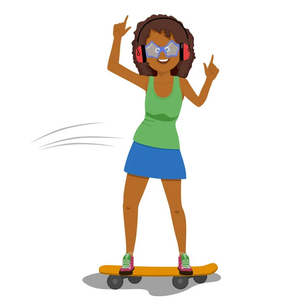 Feliz mulher americana africana engraçada em fones de ouvido ouvindo música enquanto monta um skate — Vetor de Stock