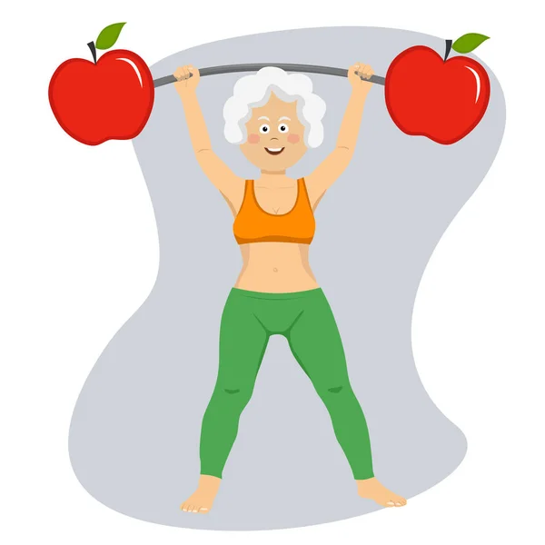 Mulher idosa feliz exercitando barra de halteres com maçãs — Vetor de Stock