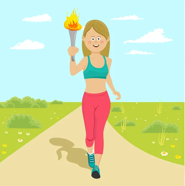 Joven atleta feliz mujer sosteniendo una antorcha de fuego corriendo al aire libre — Vector de stock